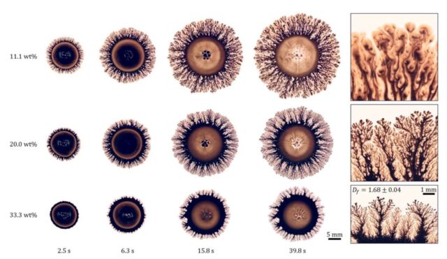 لقطات لقطرات الحبر أثناء انتشارها على سطح مطلي بطلاء أكريليك بتركيزات طلاء مختلفة، تم التقاطها خلال 40 ثانية تقريبًا.