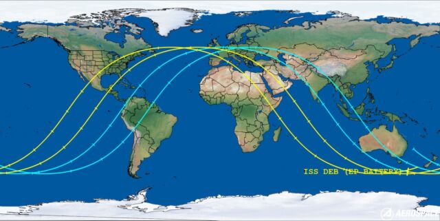 This map shows the path of the undirected shipping platform around Earth over a six-hour period on Friday.  It reentered the atmosphere near Cuba in a southwest-northeast direction.