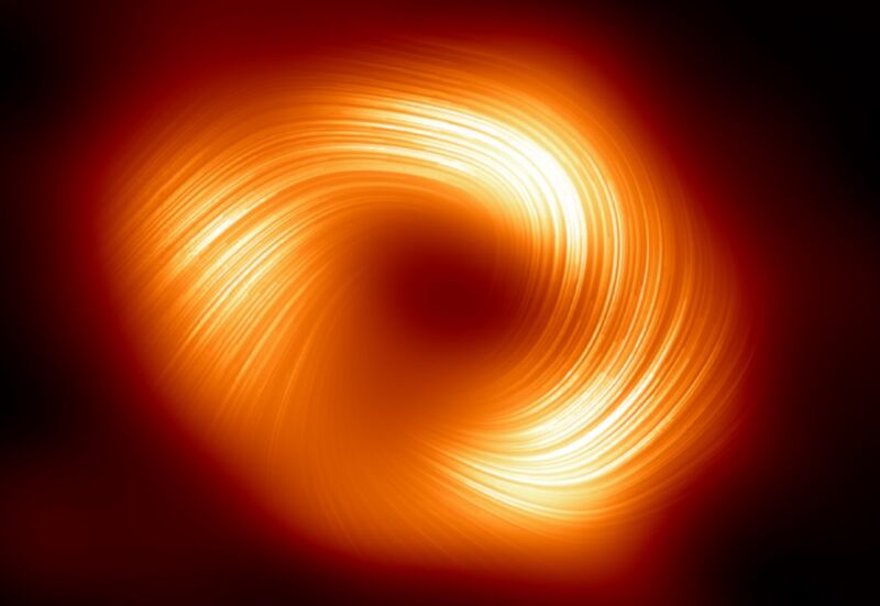 Una nueva imagen del Telescopio Horizonte de Sucesos ha revelado potentes campos magnéticos que giran en espiral desde el borde de un agujero negro supermasivo en el centro de la Vía Láctea, Sagitario A*.