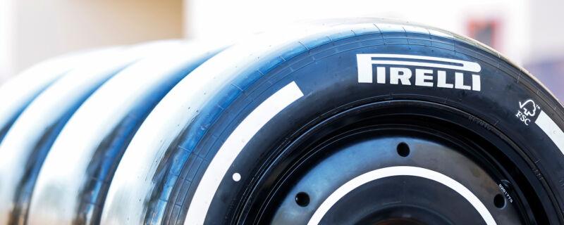 A pirelli F1 tire with the FSC logo on it