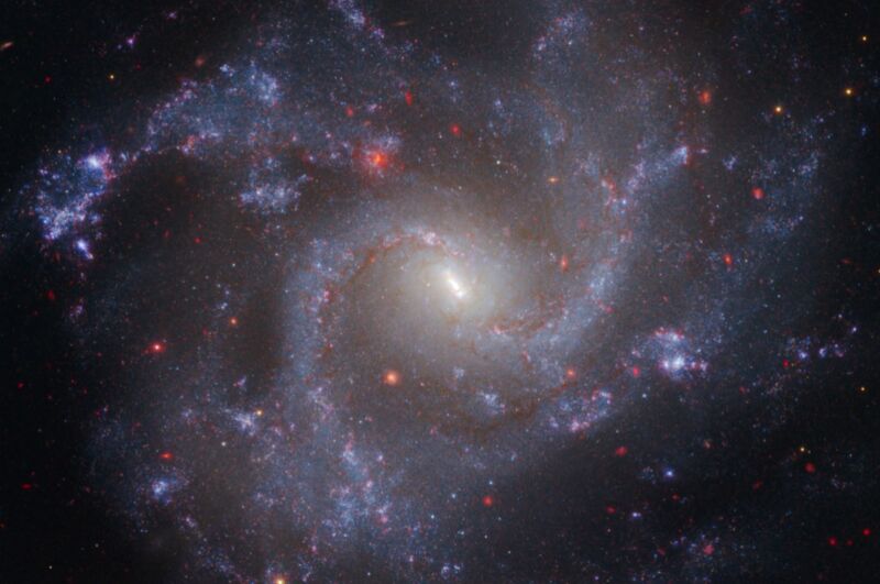 This image of NGC 5468, a galaxy located about 130 million light-years from Earth, combines data from the Hubble and James Webb space telescopes.