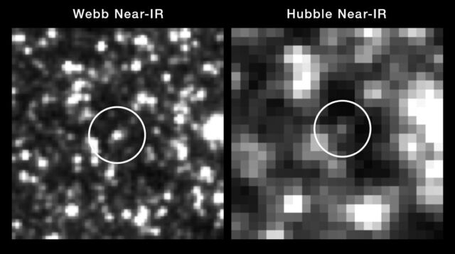 Vergleich der Hubble- und Webb-Ansichten eines veränderlichen Cepheid-Sterns.