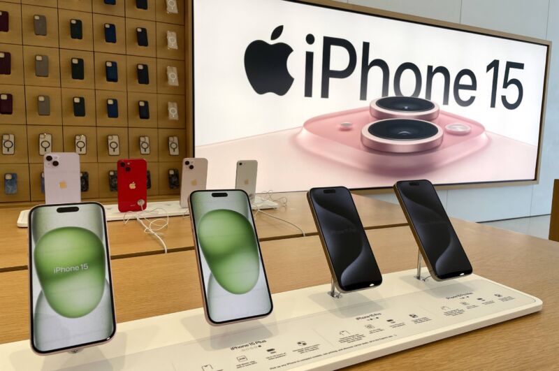 iPhones on display at an Apple Store