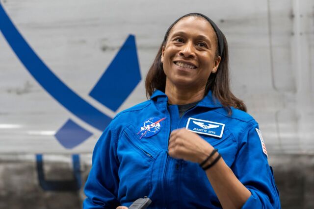 NASA astronaut Jeanette Epps inside SpaceX's rocket hangar at NASA's Kennedy Space Center in Florida.