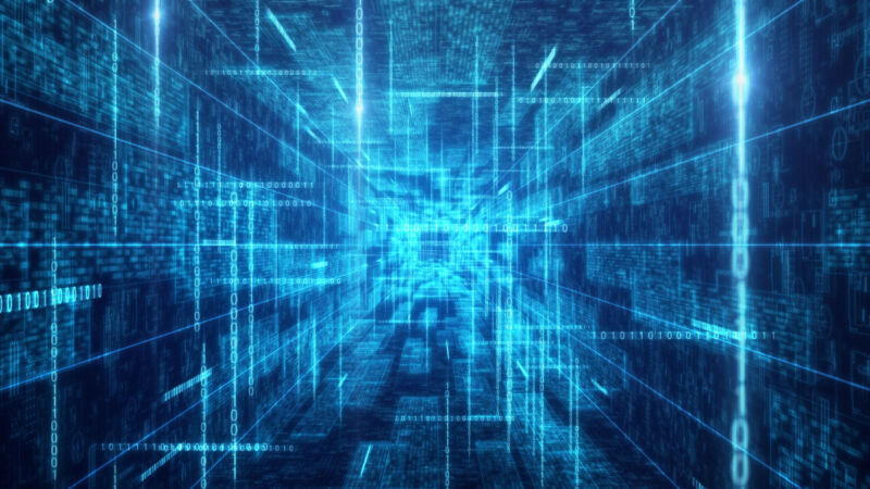 Futuristic huge technology tunnel and binary data.