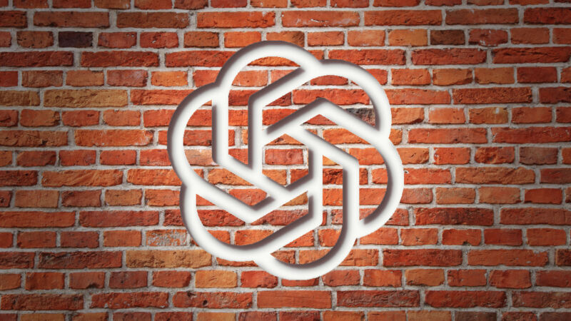 The OpenAI logo as an opening to a red brick wall.