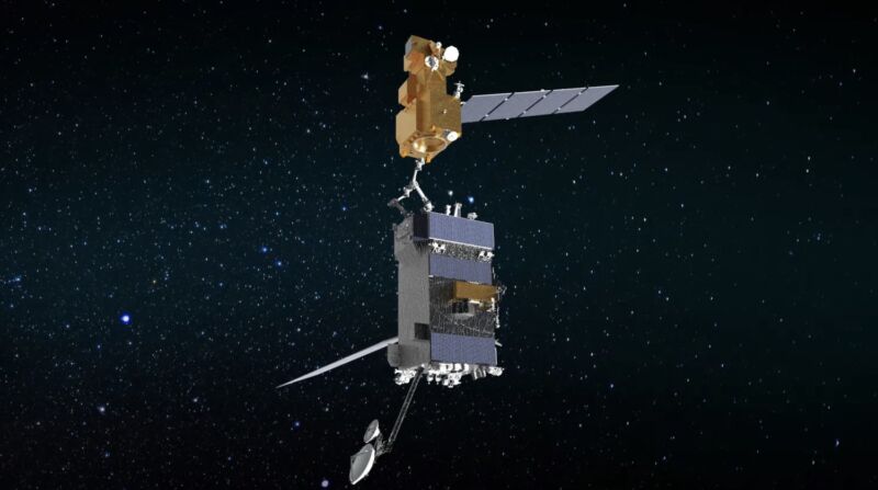 Artist's illustration of the OSAM-1 spacecraft (bottom) linking up with the Landsat 7 satellite (top) in orbit.
