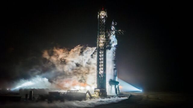 A SpaceX Super Heavy rocket and a Starship rocket undergo countdown training Sunday night in south Texas.