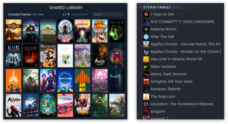 Vista lado a lado de la biblioteca de Steam y los juegos familiares compartidos