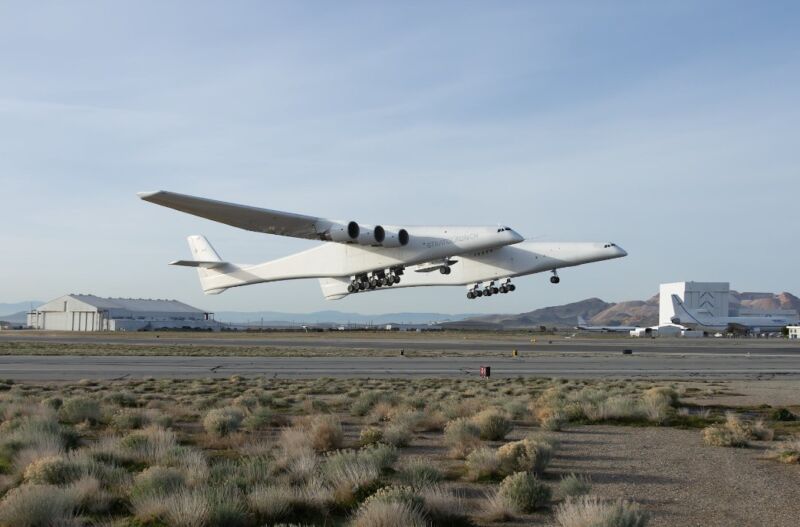 The world's largest aircraft takes off with the Talon A vehicle on Saturday.