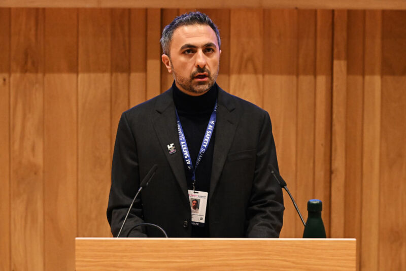 Mustafa Suleyman, talks on Day 1 of the AI Safety Summit at Bletchley Park at Bletchley Park on November 1, 2023 in Bletchley, England.