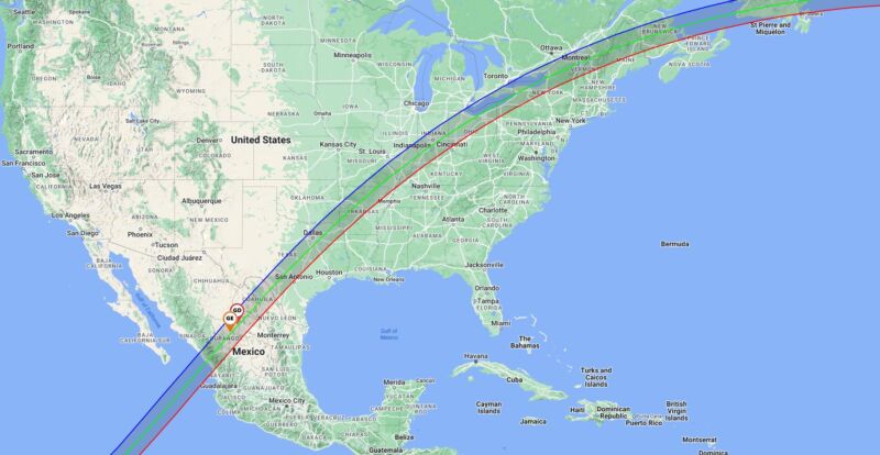 The path of totality for the April 8 eclipse.