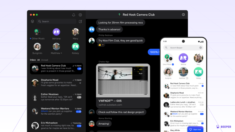 Beeper app with mobile and desktop views, showing multiple chat networks connected.