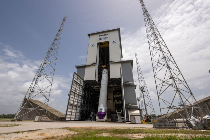 The flight hardware core stage for Europe’s new rocket, Ariane 6, is moved onto the launch pad for the first time. A launch is due to occur on July 9, 2024.