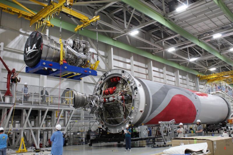 A BE-4 engine is moved into position on ULA's second Vulcan rocket.