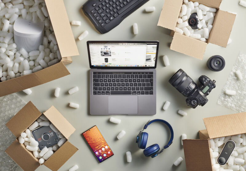 A group of Black Friday online shopping purchases photographed in delivery boxes filled with polystyrene packing pellets, taken on September 13, 2019. (Photo by Neil Godwin/Future Publishing via Getty Images)