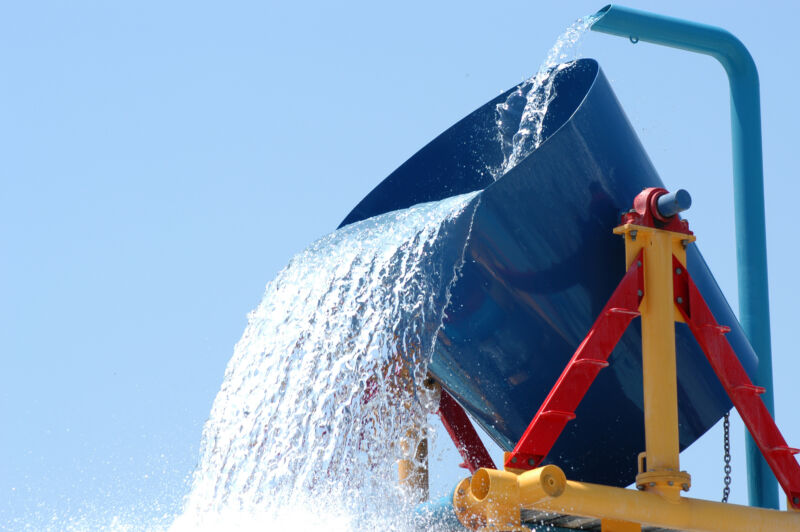 A blue bucket, held by red and yellow brackets, being continuously filled and overflowing