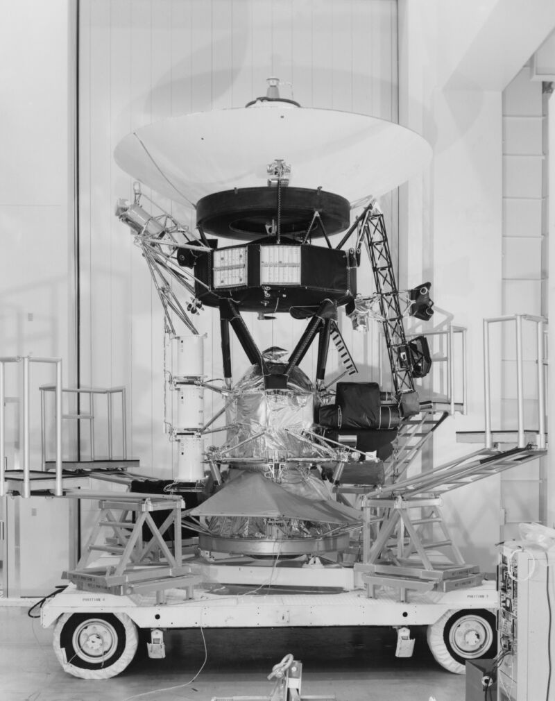 A Voyager space probe in a clean room at the Jet Propulsion Laboratory in 1977.