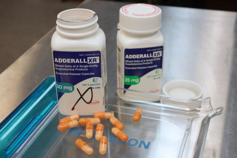 Takeda Pharmaceutical Co. Adderall XR brand medication arranged at a pharmacy in Provo, Utah, in November 2023.