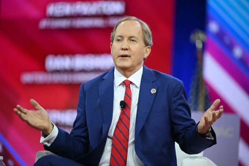 Texas Attorney General Ken Paxton speaks during the annual Conservative Political Action Conference (CPAC) meeting on February 23, 2024.