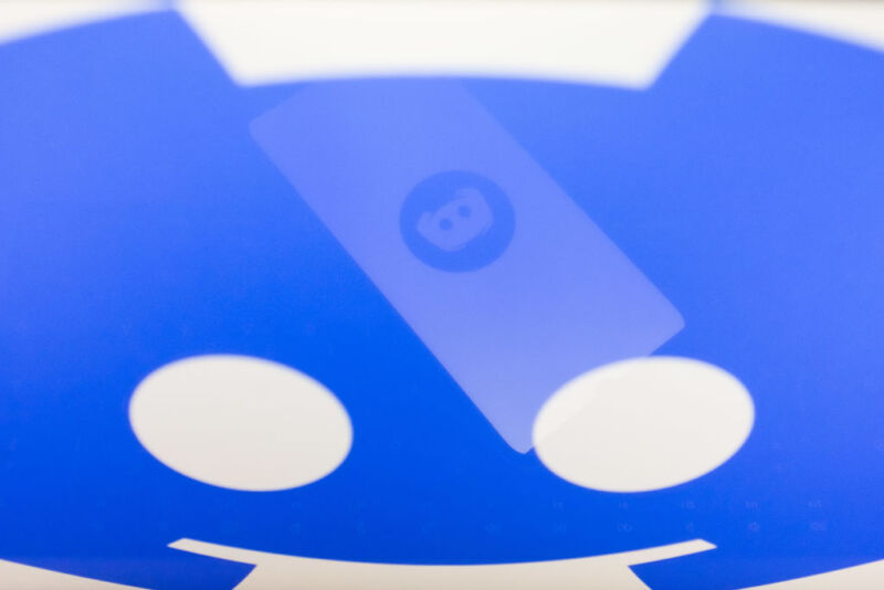 Discord logo, warped by vertical perspective over a phone displaying the app