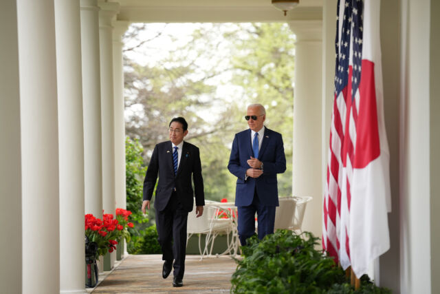 Japanese Prime Minister Fumio Kishida and US President Joe Biden meet at the White House on Wednesday. (Photo by Andrew Harnik/Getty Images)