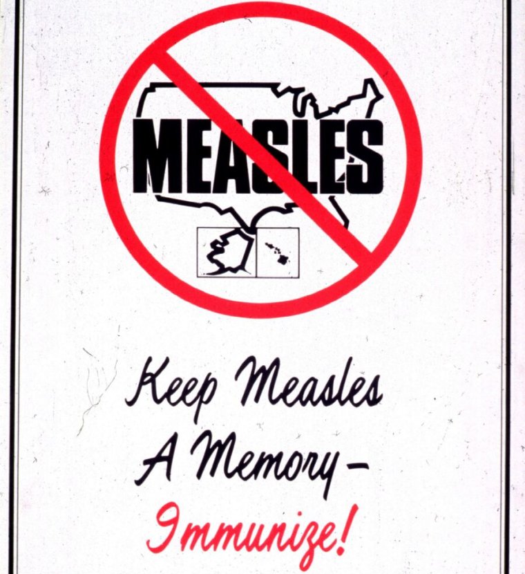 Poster issued by the United States Centers for Disease Control and Prevention advocating for measles immunizations in 1985.