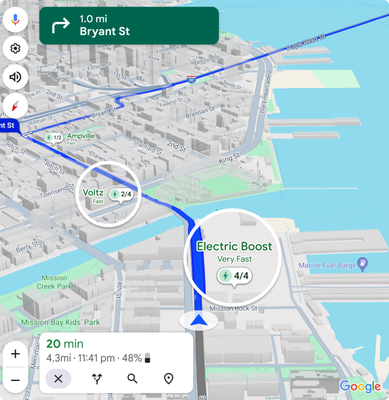 A Google Maps screenshot showing an EV route with chargers
