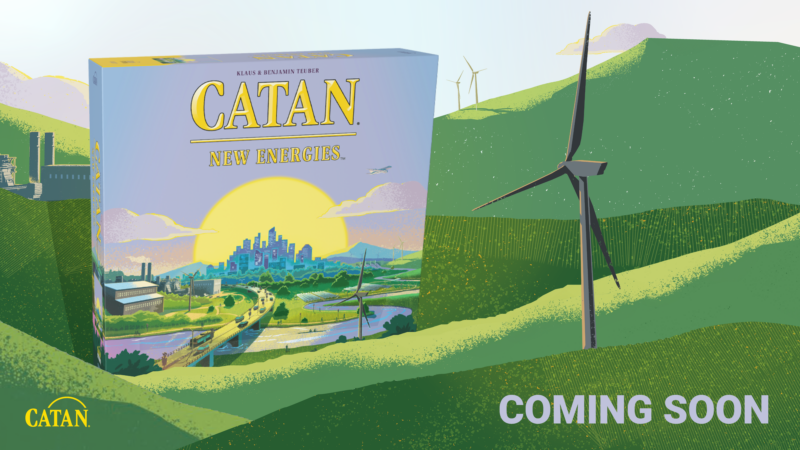 Catan: Nueva caja de energías en un paisaje de colinas verdes con turbinas eólicas cercanas