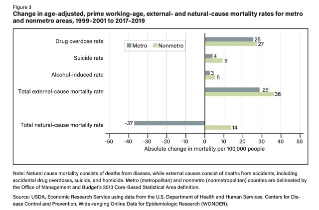 Change in age-adjusted, prime working-age, external- and natural-cause mortality rates for metro and nonmetro areas, 1999–2001 to 2017–2019.