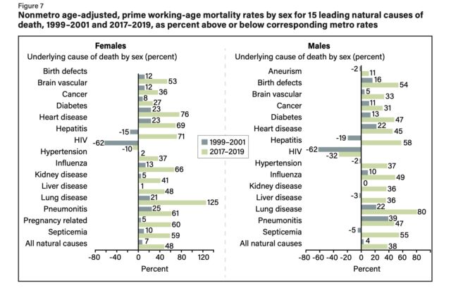 Nonmetro age-adjusted, prime working-age mortality rates by sex for 15 leading natural causes of death, 1999–2001 and 2017–2019, as percent above or below corresponding metro rates.