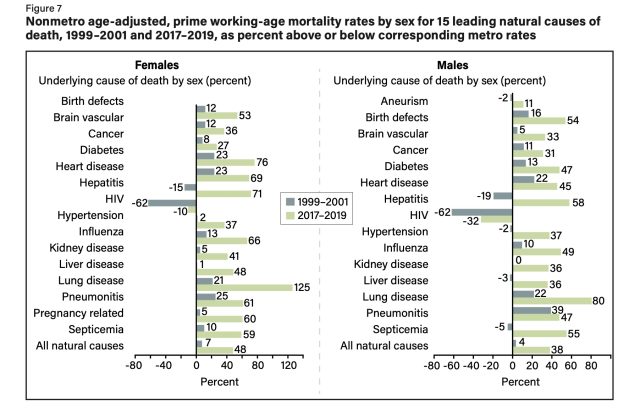 Rate principale ale mortalității în vârstă de muncă, ajustate în funcție de vârstă, în funcție de sex, pentru 15 cauze naturale principale de deces, 1999–2001 și 2017–2019, ca procente peste sau sub ratele metroului corespunzătoare.