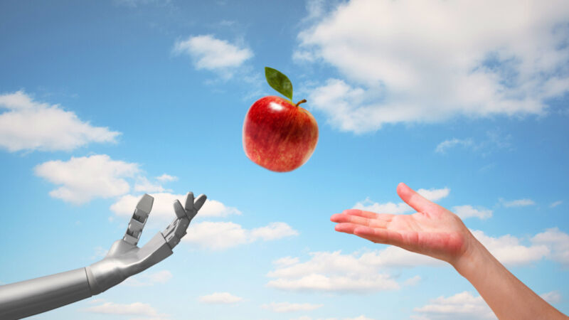 An illustration of a robot hand tossing an apple to a human hand.