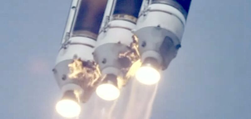 In this video frame from ULA's live broadcast, three RS-68A engines power the Delta IV Heavy rocket into the sky over Cape Canaveral, Florida.