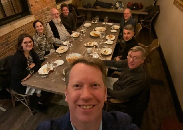 Dennett at a group dinner in February 2023. He was the inaugural speaker for the Johns Hopkins Natural Philosophy Forum Distinguished Lecture series.