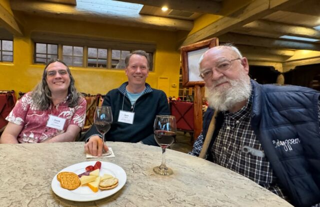 David Wallace, Sean Carroll, and Daniel Dennett at the Santa Fe Institute in March.