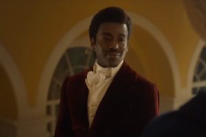 Ncuti Gatwa in a burgundy Regency-era velvet jacket