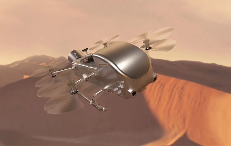 Ilustración artística de Dragonfly volando sobre las dunas de Titán.