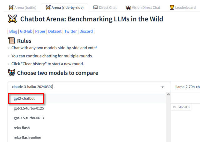 A screenshot of the LMSYS Chatbot Arena "side-by-side" page showing "gpt2-chatbot" listed among the models for testing. (Red highlight added by Ars Technica.)