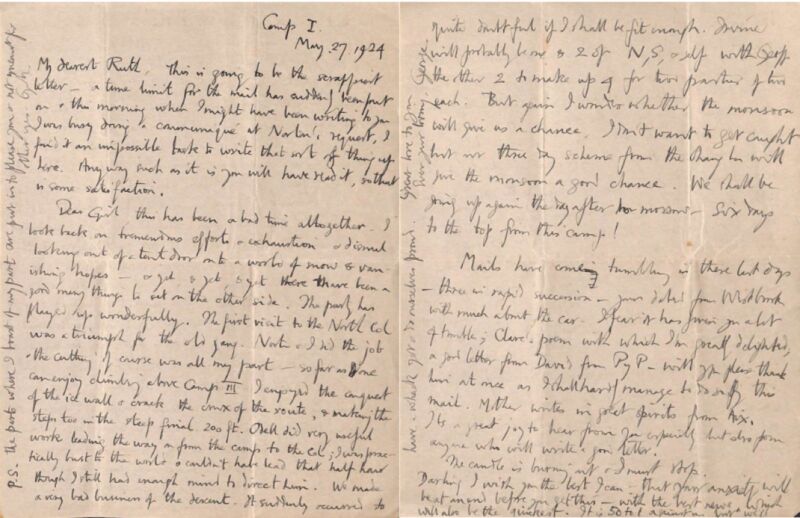 la última carta de George Mallory desde el Campo I, Everest, a Ruth Mallory, 27 de mayo de 1924