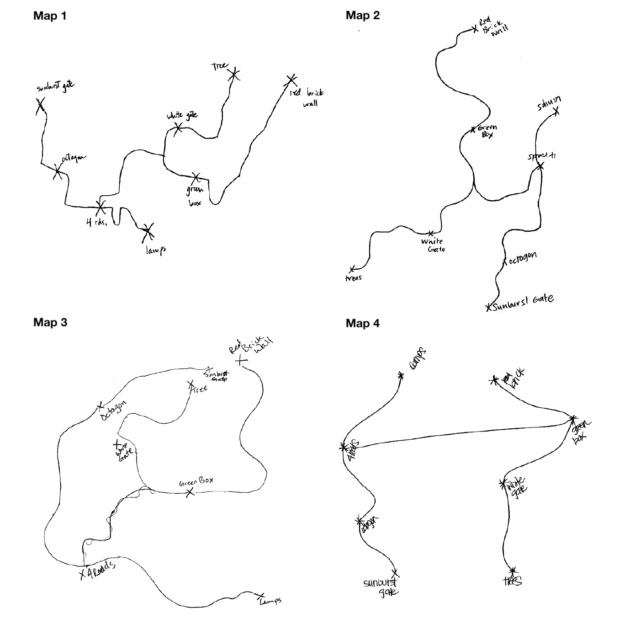 Volunteers were driven repeatedly along two connected routes in an unfamiliar neighborhood and then asked to draw a map of the routes from memory. Their maps differed widely in quality, as these examples show. Map 1 (top left), from an excellent navigator, matches the actual routes almost perfectly; map 4 (bottom right), from a poor navigator, shows almost no correspondence to reality apart from the existence of two routes.