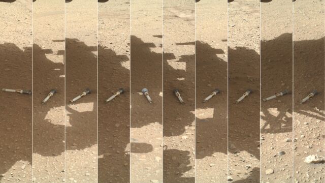 This photomontage shows sample tubes shortly after they were deposited onto the surface by NASA’s Perseverance Mars rover in late 2022 and early 2023.