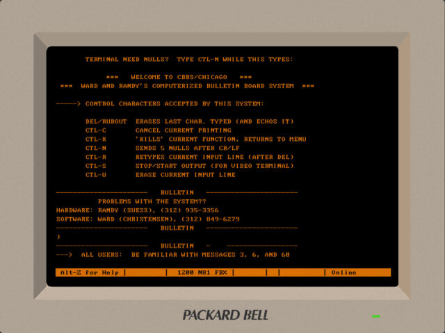 A digital recreation of connecting to CBBS on an IBM XT clone.