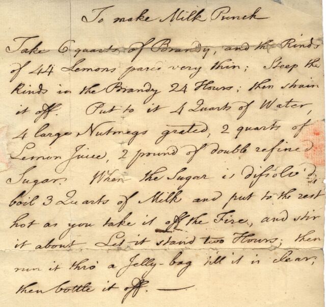 Benjamin Franklin's recipe for milk punch, included in a 1763 letter to James Bowdoin.