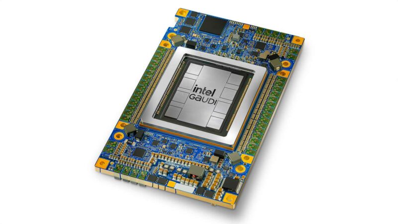 Photo of the Gaudi 3 AI accelerator distributed by Intel.