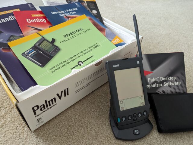 The Palm VII box and contents with antenna extended.