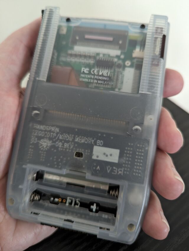 The rear of the Handspring Visor Deluxe, showing battery compartment and Springboard slot.