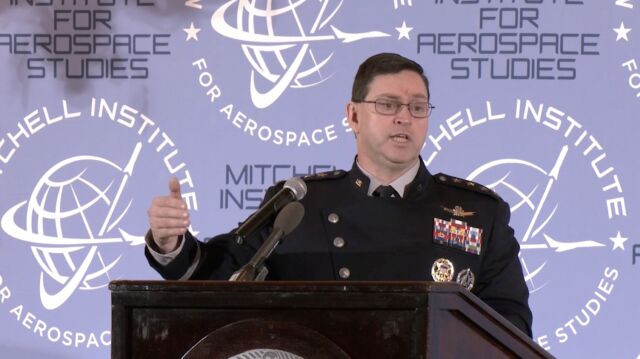 Gen. Chance Saltzman, chief of space operations, speaks on March 27 at the Spacepower Security Forum hosted by the Mitchell Institute for Aerospace Studies.