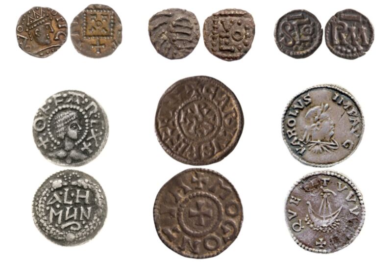Una selección de las monedas del Museo Fitzwilliam que se estudiaron, incluidas monedas de Carlomagno y Offa.