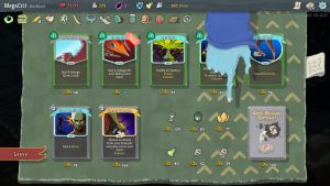 A shop screen from Slay the Spire, with a fantasy-type hand pointing at artifacts for sale.